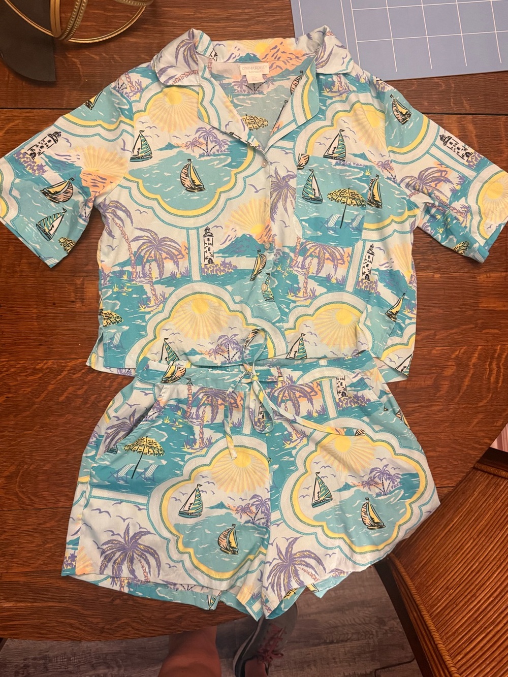 Cynthia Rowley Aqua Blue Tropical Sailboat Print Women’s Matching Pajama Set